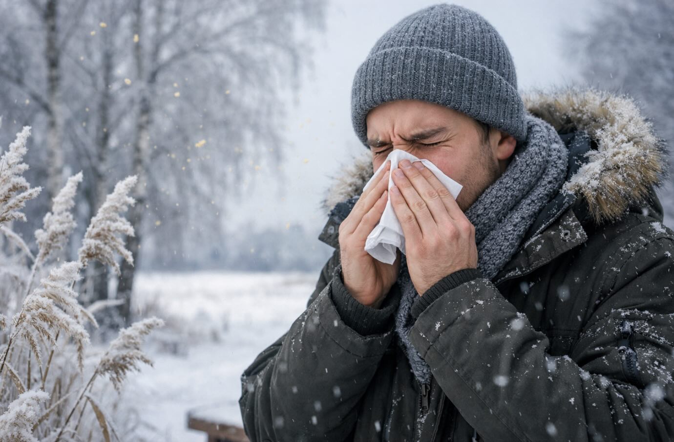 Man die niets in winterse omgeving met sneeuw